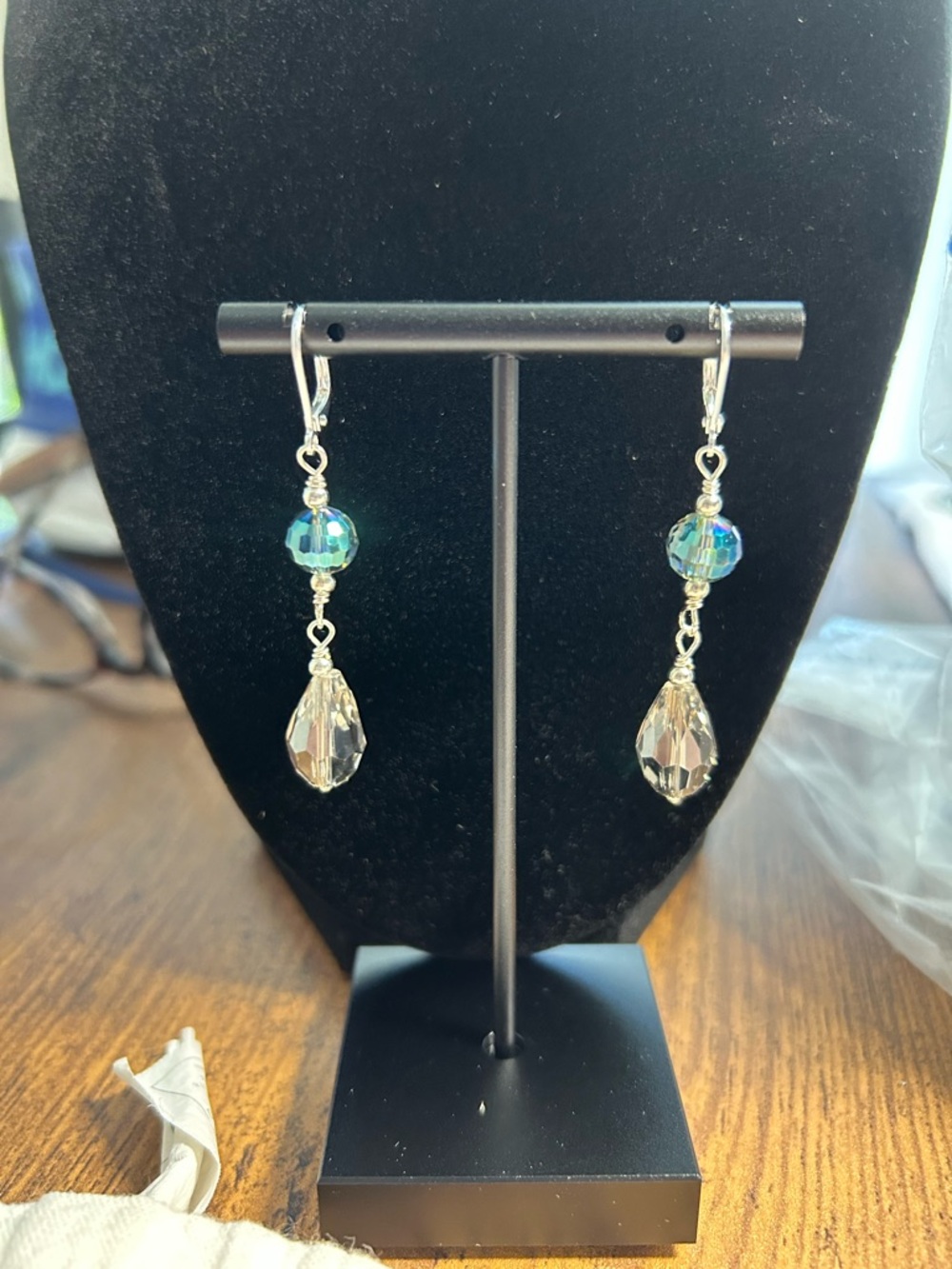 Crystal Teardrop Dangle Earrings in Aqua and Clear - Women Jewelry handmade